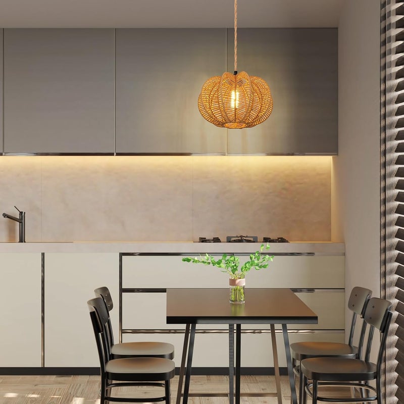 tebio Plug in Pendant Light Rattan Hanging Lights with Plug in Cord 15FT Hemp Rope Cord, Dimmable Switch – Indoor Hanging Lamps for Boho Living Room Bedroom（Bulb Included） 11 x 7 inch - Image 5